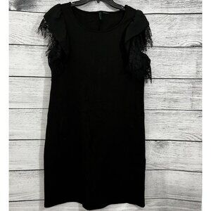Benetton Black Dress With Lace Fringe Sleeves & Ruffle Detail, Size Medium
